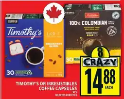 Food Basics TIMOTHY’S OR IRRESISTIBLES COFFEE CAPSULES offer