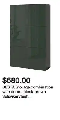 IKEA BESTÅ Storage combination with doors, black-brown Selsviken/high gloss dark olive-green offer
