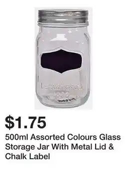Dollarama 500ml Assorted Colours Glass Storage Jar With Metal Lid & Chalk Label offer