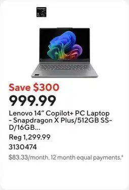 Staples Lenovo 14 Copilot+ PC Laptop - Snapdragon X Plus/512GB SSD/16GB RAM/Windows 11 Home offer
