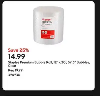 Staples Staples Premium Bubble Roll, 12 x 30', 5/16 Bubbles, Clear offer