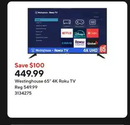 Staples Westinghouse 65 4K Roku TV offer
