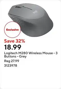 Staples Logitech M280 Wireless Mouse - 3 Buttons - Grey offer