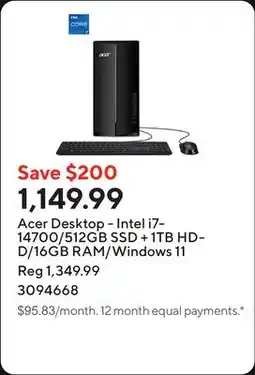Staples Acer Desktop - Intel i7-14700/512GB SSD + 1TB HDD/16GB RAM/Windows 11 offer