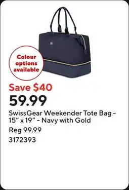 Staples SwissGear Weekender Tote Bag - 15 x 19 - Navy with Gold offer