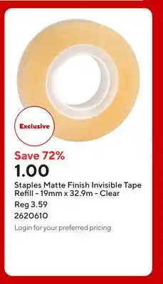 Staples Staples Matte Finish Invisible Tape Refill - 19mm x 32.9m - Clear offer