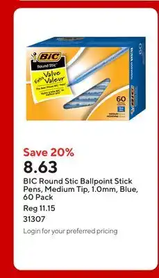 Staples BIC Round Stic Ballpoint Stick Pens, Medium Tip, 1.0mm, Blue offer