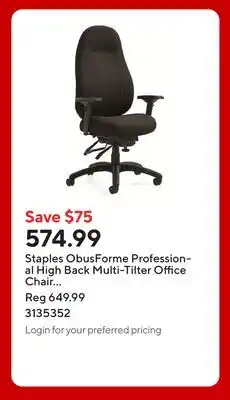 Staples Staples ObusForme Professional High Back Multi-Tilter Office Chair - Fusion Carbon Fabric - Black offer