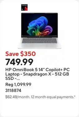 Staples HP OmniBook 5 14 Copilot+ PC Laptop - Snapdragon X - 512 GB SSD - 16 GB RAM - Windows 11 Home offer