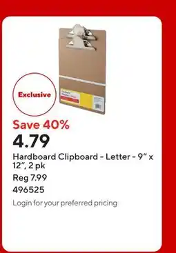 Staples Hardboard Clipboard - Letter - 9 x 12 offer