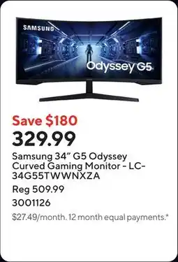 Staples Samsung 34 G5 Odyssey Curved Gaming Monitor - LC34G55TWWNXZA offer