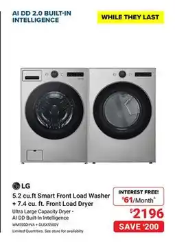 Visions Electronics LG 5.2 cu.ft Smart Front Load Washer + 7.4 cu. ft. Front Load Dryer offer