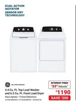 Visions Electronics GE APPLIANCES 4.4 Cu. Ft. Top Load Washer and 6.2 Cu. Ft. Front Load Dryer offer