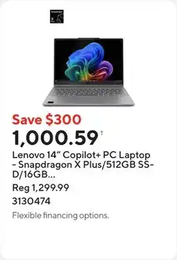 Staples Lenovo 14 Copilot+ PC Laptop - Snapdragon X Plus/512GB SSD/16GB RAM/Windows 11 Home offer