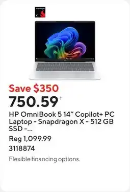 Staples HP OmniBook 5 14 Copilot+ PC Laptop - Snapdragon X - 512 GB SSD - 16 GB RAM - Windows 11 Home offer