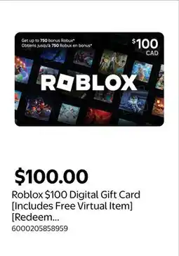 Walmart Roblox $100 Digital Gift Card [Includes Free Virtual Item] [Redeem Worldwide] offer