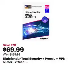 Best Buy Bitdefender Total Security + Premium VPN - 5 User - 2 Year - Digital Download offer