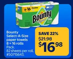 Walmart Bounty Select-A-Size paper towels 8 =16 rolls offer