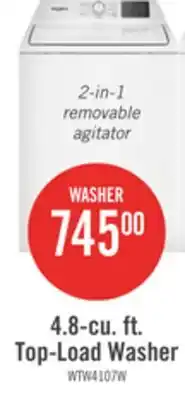 The Brick Whirlpool 4.8 Cu. Ft. Top Load Washer with 2-in-1 Removable Agitator - WTW4107SW offer
