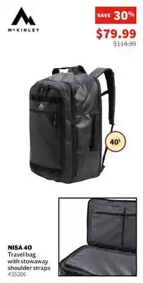 Sports Experts MCKINLEY NISA 40 Travel bag with stowaway shoulder straps offer