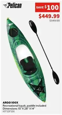 Sports Experts PELICAN ARGO 100X Recreational kayak, paddle included Dimensions: 10' X 28 X 14 offer