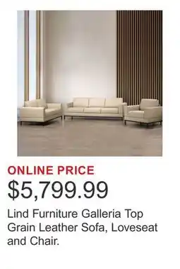 Costco Lind Furniture Galleria Top Grain Leather Sofa, Loveseat and Chair offer