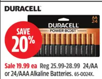 Canadian Tire Duracell 24/AA or 24/AAA Alkaline Batteries offer
