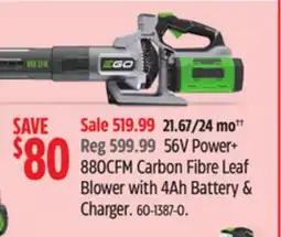 Canadian Tire EGO 56V Power+ 880CFM Carbon Fibre Leaf Blower with 4Ah Battery & Charger offer