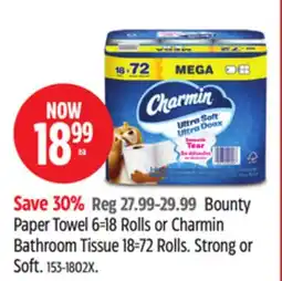 Canadian Tire Bounty Paper Towel 6=18 Rolls or Charmin Bathroom Tissue 18-72 Rolls offer
