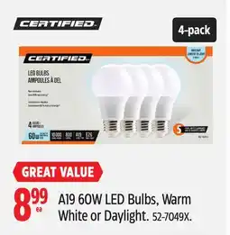 Canadian Tire Certified A19 60W LED Bulbs, Warm White or Daylight offer
