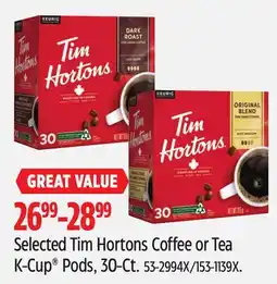 Canadian Tire Selected Tim Hortons Coffee or Tea K-Cup Pods offer