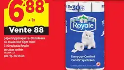 Maxi PAPIER HYGIÉNIQUE, 15=30 ROULEAUX OU ESSUIE-TOUT TIGER TOWEL, 3=6 ROULEAUX ROYALE offer