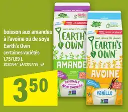 Maxi BOISSON AUX AMANDES À L'AVOINE OU DE SOYA EARTH'S OWN, 1,75/1 offer