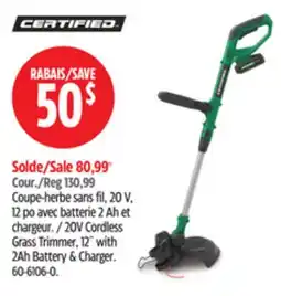 Canadian Tire 20V Cordless Grass Trimmer, 12 with 2Ah Battery & Charger offer