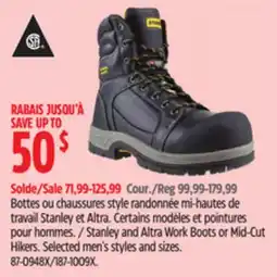 Canadian Tire Stanley and Altra Work Boots or Mid-Cut Hikers. Selected men's styles and sizes offer