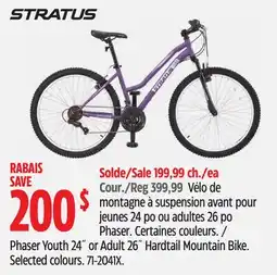 Canadian Tire Stratus Phaser Youth 24˝ or Adult 26˝ Hardtail Mountain Bike. Selected colours offer