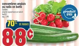 Marché Adonis CONCOMBRES ANGLAIS OU RADIS EN BOTTE | ENGLISH CUCUMBERS OR RADISH BUNCH offer