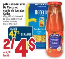Marché Adonis PÂTES ALIMENTAIRES DE CECCO OU COULIS DE TOMATES CEDAR | DE CECCO PASTA OR CEDAR STRAINED TOMATOES offer