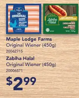 Fortinos MAPLE LODGE FARMS ORIGINAL WIENER, (450G), ZABIHA HALAL ORIGINAL WIENER, (450G) offer