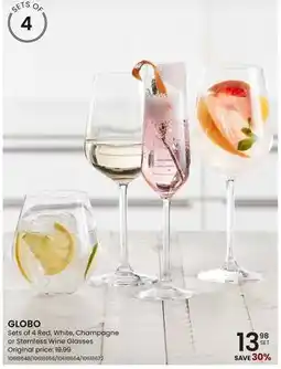 Stokes Sets of 4 Red, White, Champagne or Stemless Wine Glasses offer