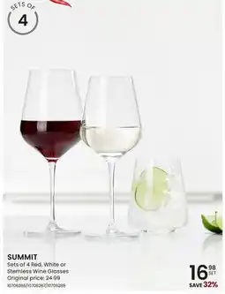 Stokes Sets of 4 Red, White or Stemless Wine Glasses offer