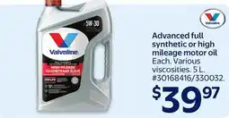 Walmart Valvoline Advanced full synthetic for high mileage motor oil offer