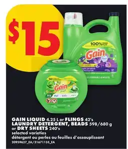 No Frills GAIN LIQUID, 4.25 L OR FLINGS, 42'S LAUNDRY DETERGENT, BEADS 598/680 G OR DRY SHEETS, 240'S offer