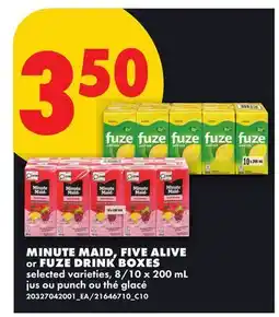 No Frills MINUTE MAID, FIVE ALIVE OR FUZE DRINK BOXES, 8 offer