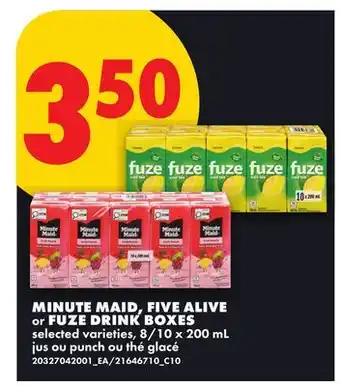 No Frills MINUTE MAID, FIVE ALIVE OR FUZE DRINK BOXES, 8 offer
