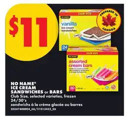 No Frills NO NAME ICE CREAM SANDWICHES or BARS, 24/30's offer