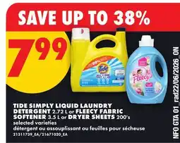 No Frills TIDE SIMPLY LIQUID LAUNDRY DETERGENT 2.72 L or FLEECY FABRIC SOFTENER 3.5 L or DRYER SHEETS 200's offer