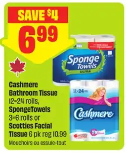 FreshCo Cashmere Bathroom Tissue 12=24 rolls, SpongeTowels 3=6 rolls or Scotties Facial Tissue offer