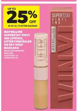 Real Canadian Superstore MAYBELLINE SUPERSTAY VINYL INK LIPSTICK, LIFTER CONCEALER OR SKY HIGH MASCARA offer