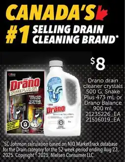 Independent Grocer DRANO DRAIN CLEANER CRYSTALS, 500 G, SNAKE PLUS, 473 ML OR DRANO BALANCE, 900 ML offer